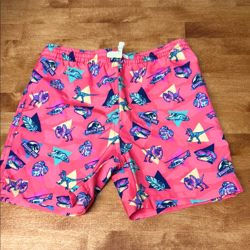 NWOT Chubbies Boys size 6 Pink and Blue Jurassic Park Swim Shorts, no flaws